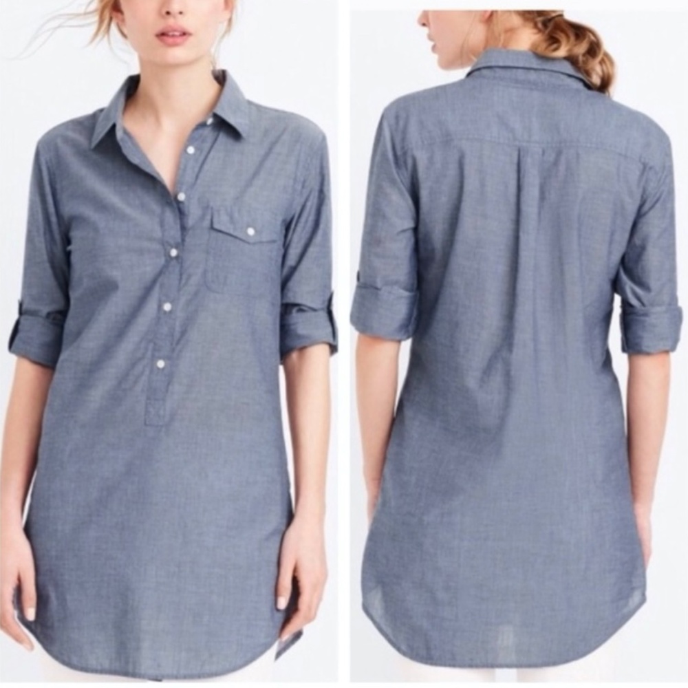 J Crew Women's Cotton Tunic Roll Tab Long Sleeve Blue Shirt Size XXS